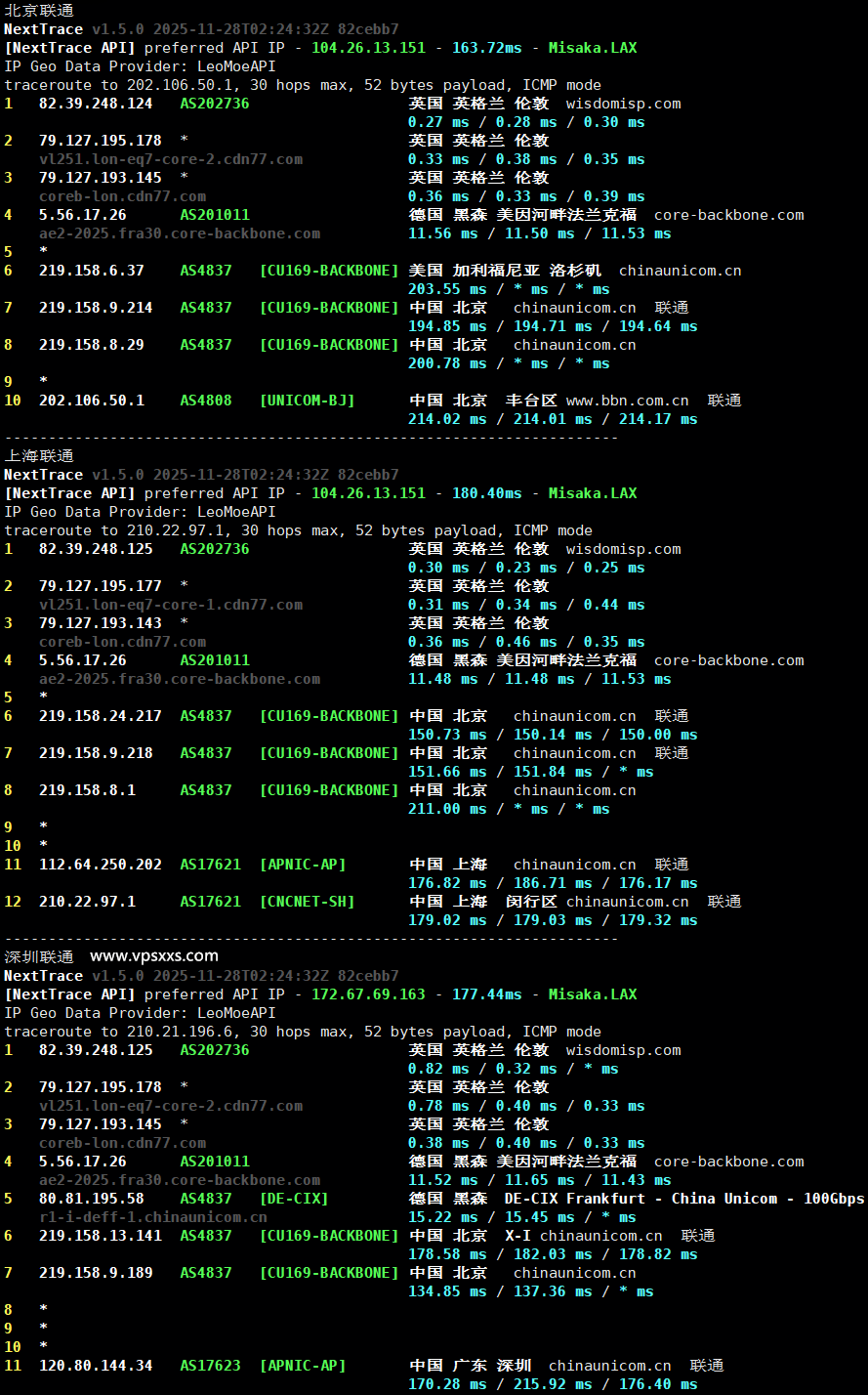 荫云英国双ISP VPS联通回程路由