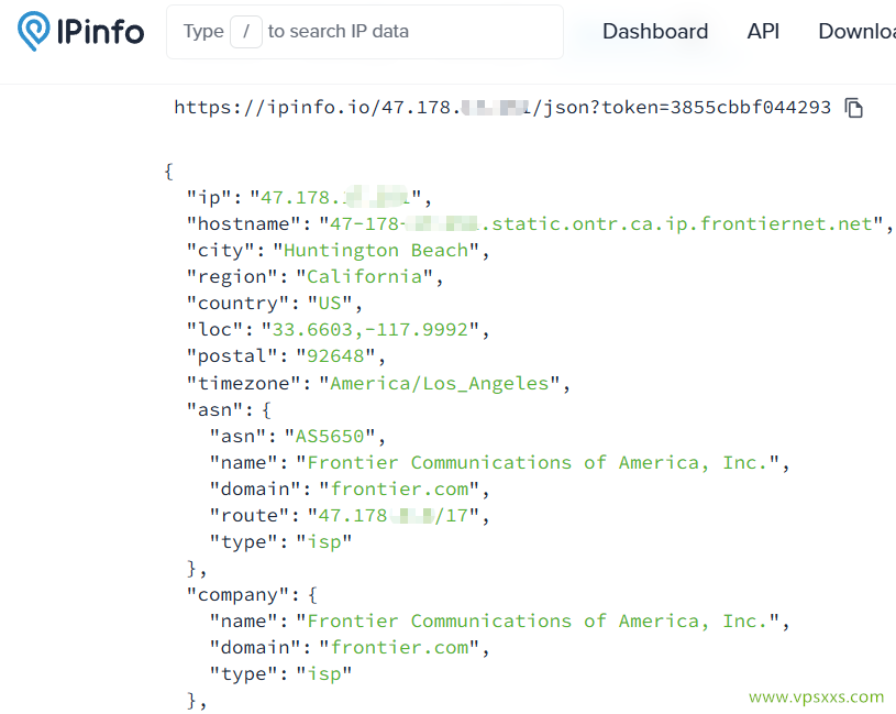 AaITR美国Frontier静态家宽VPS ipinfo.io是否住宅IP检测