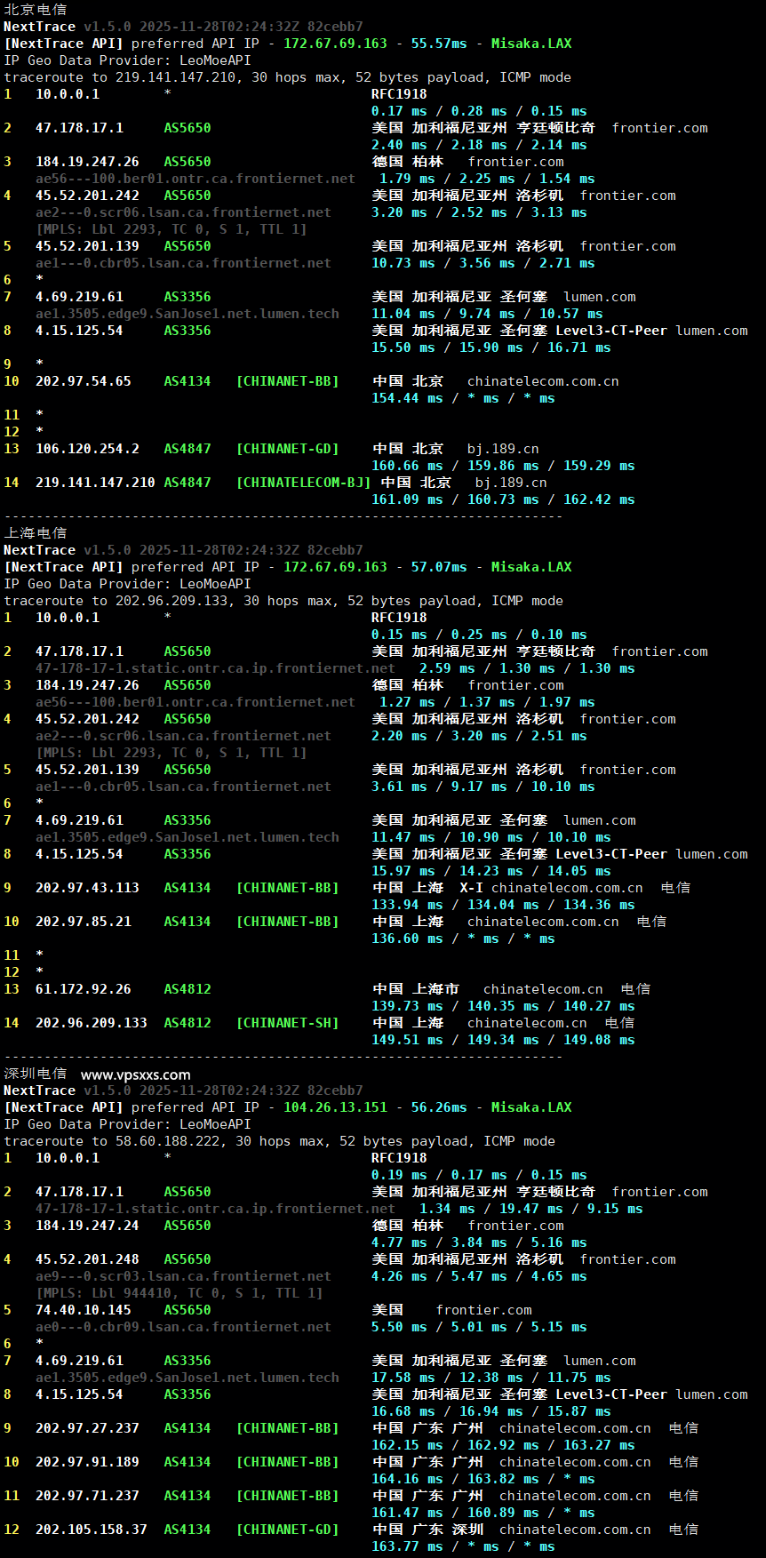 AaITR美国Frontier静态家宽VPS电信回程路由