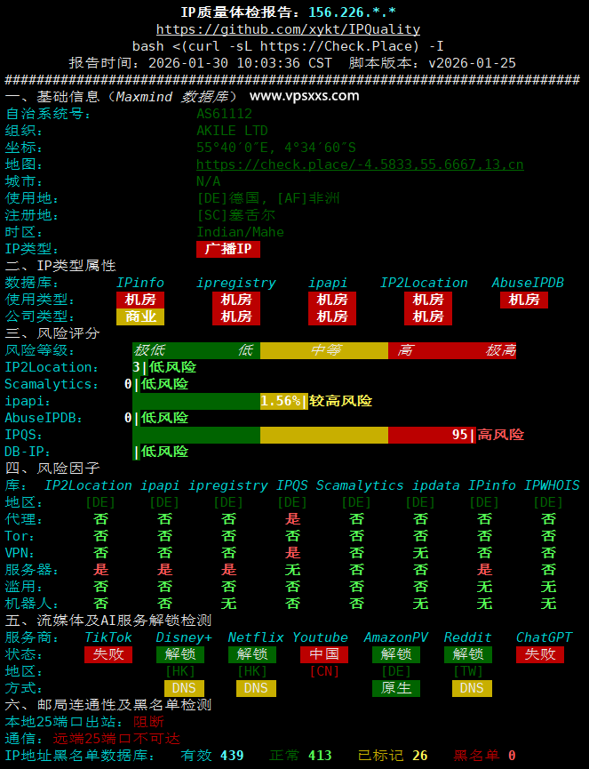 AkileCloud德国BGP VPS IP质量体检报告