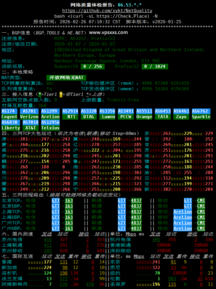 荫云英国新双ISP VPS网络质量体检报告