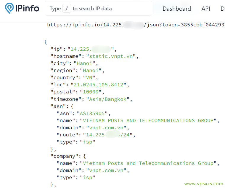荫云越南双ISP VPS ipinfo.io是否住宅IP检测