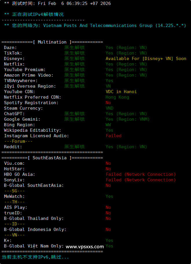 荫云越南双ISP VPS流媒体解锁能力测试