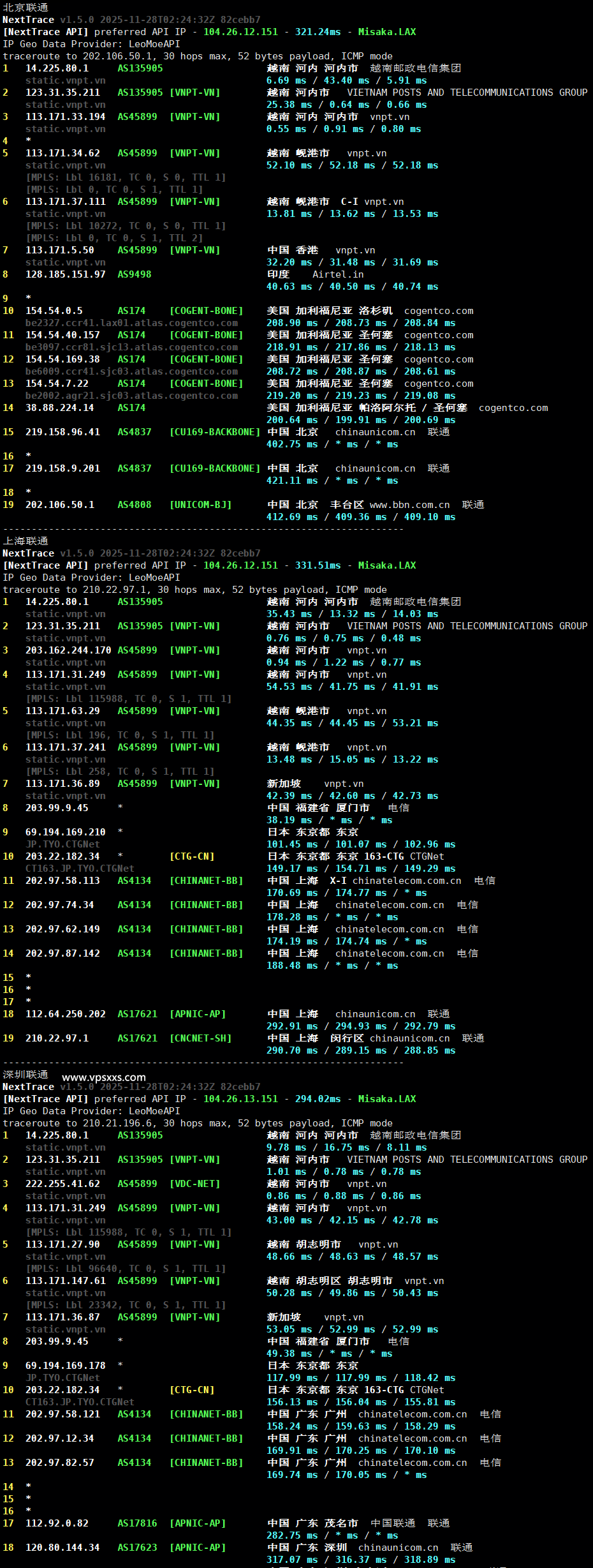 荫云越南双ISP VPS联通回程路由