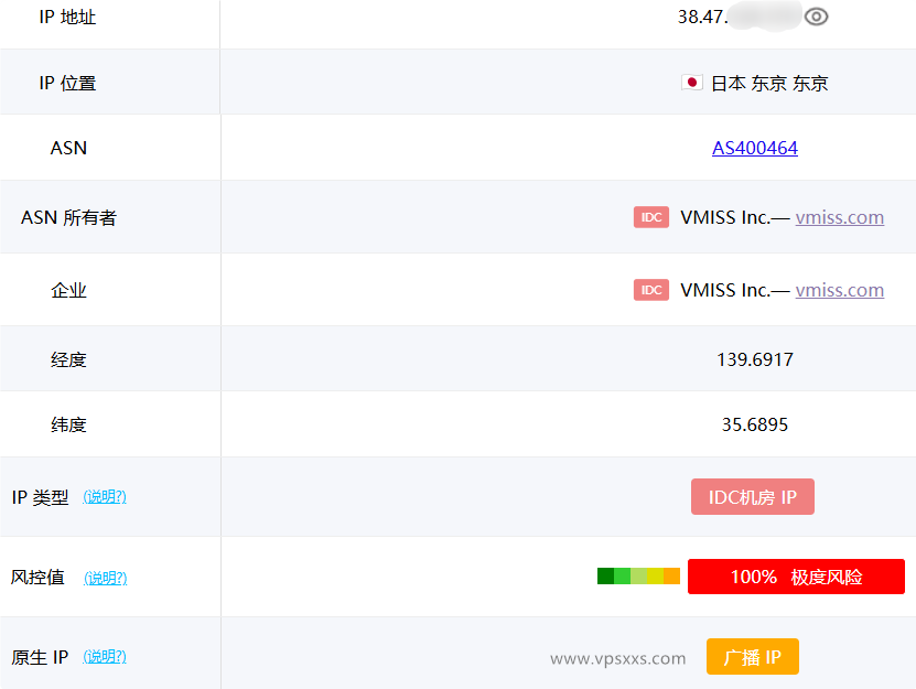 vmiss日本东京BGP VPS ping0.cc是否家庭IP检测
