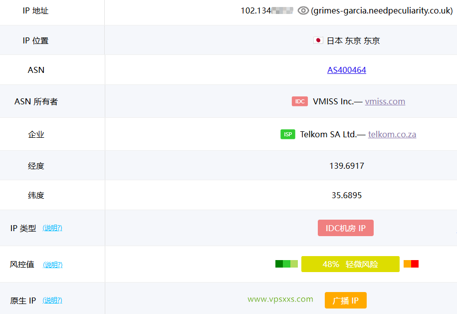 vmiss日本东京IIJ VPS ping0.cc是否家庭IP检测