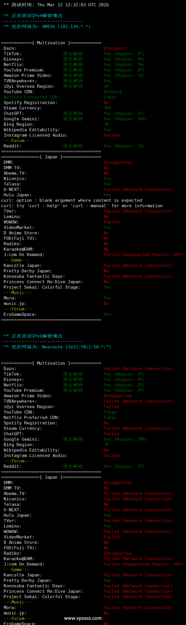 vmiss日本东京IIJ VPS流媒体解锁能力测试