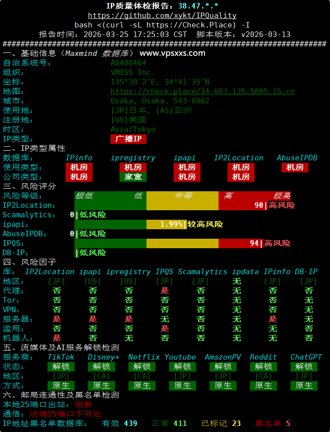 vmiss日本大阪IIJ VPS IP质量体检报告
