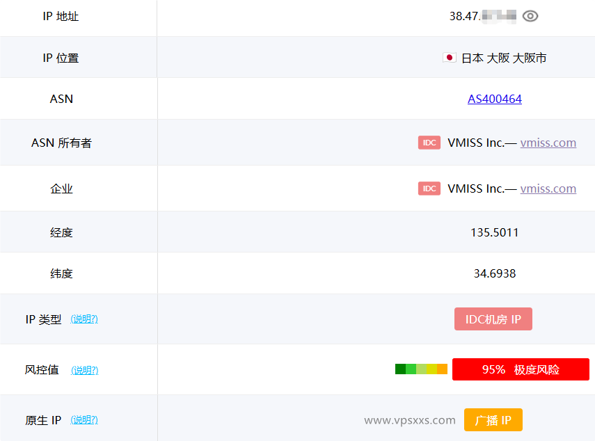 vmiss日本大阪IIJ VPS ping0.cc是否家庭IP检测