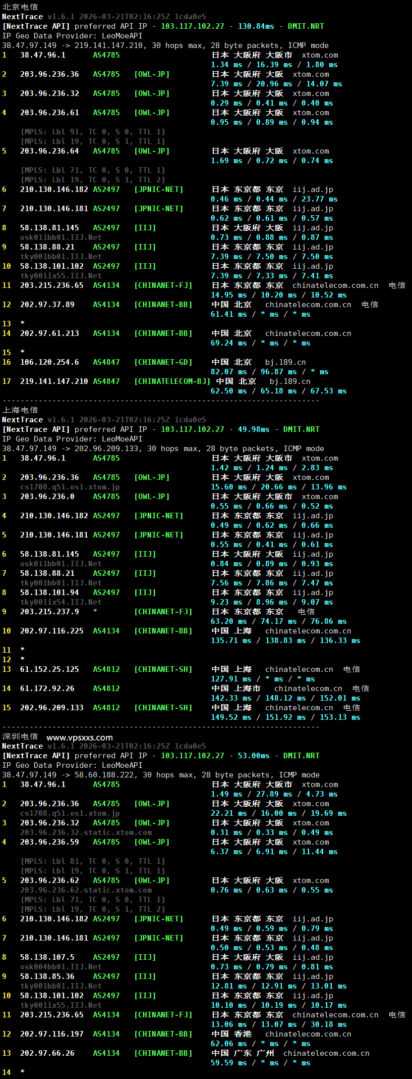 vmiss日本大阪IIJ VPS电信回程路由