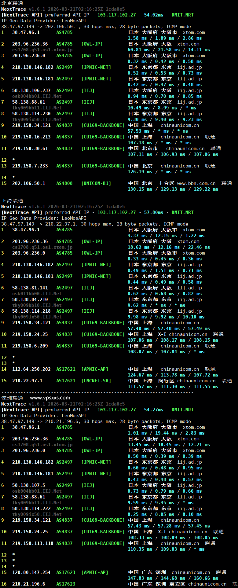 vmiss日本大阪IIJ VPS联通回程路由