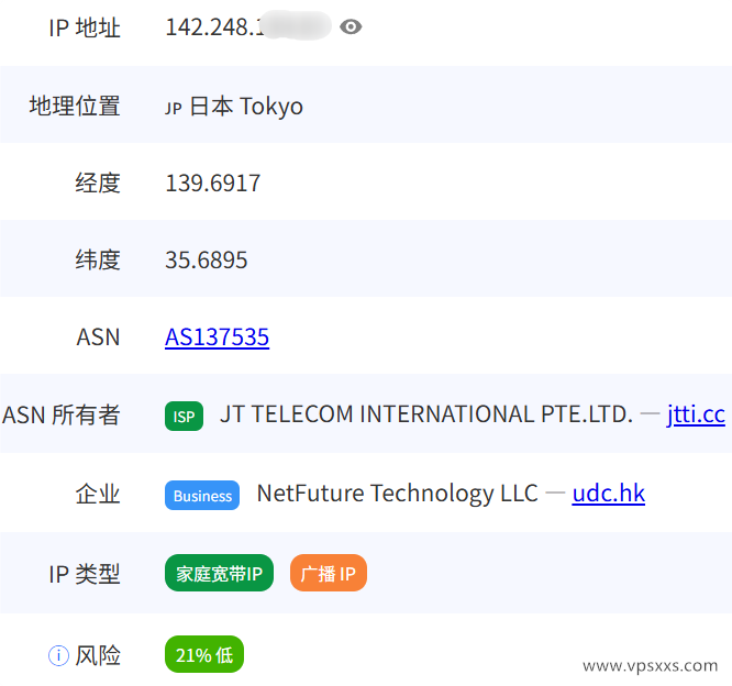 华纳云日本轻量服务器pingip.cn是否住宅IP检测