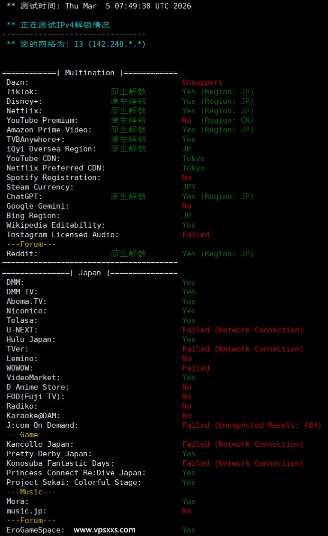 华纳云日本轻量服务器流媒体解锁能力测试