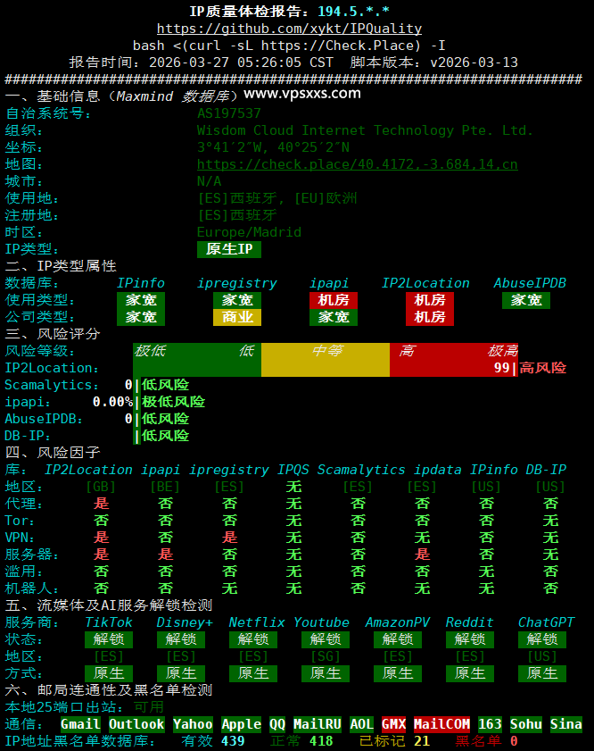 荫云西班牙双ISP VPS IP质量体检报告