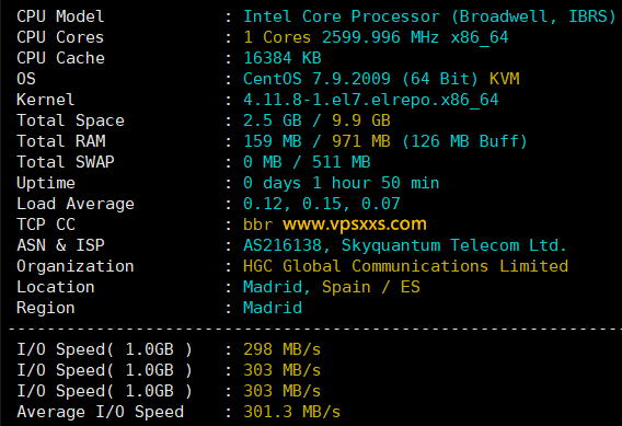 荫云西班牙双ISP VPS硬件测试