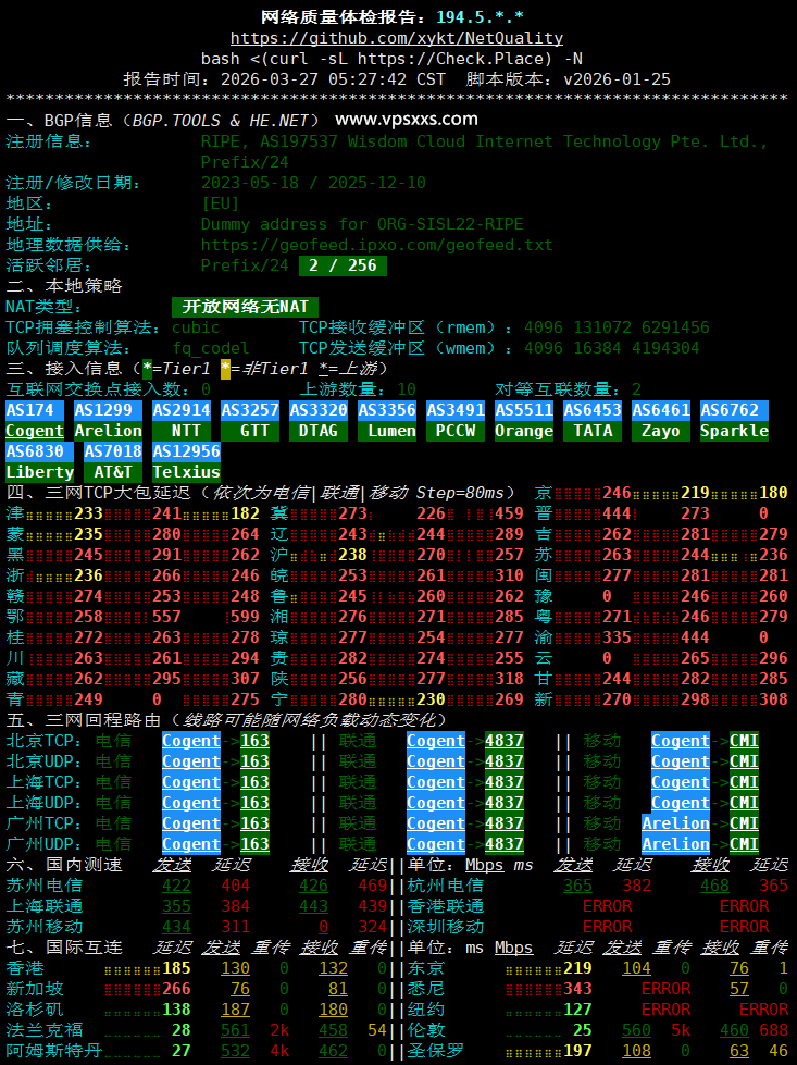 荫云西班牙双ISP VPS网络质量体检报告