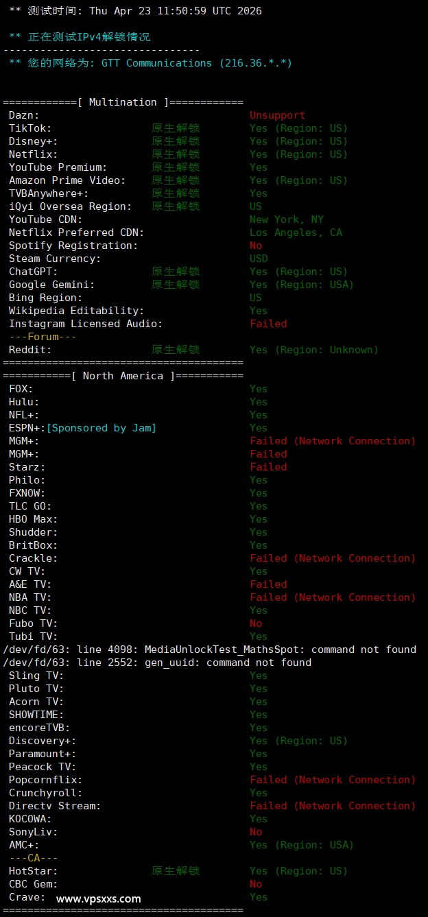 NovixLink美国GTT VPS流媒体解锁能力测试