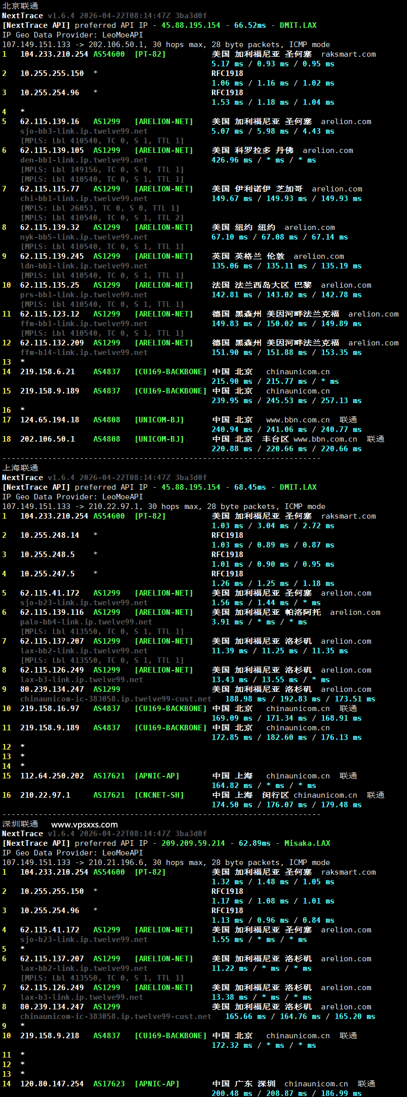 RAKsmart美国西雅图国际BGP VPS联通回程路由