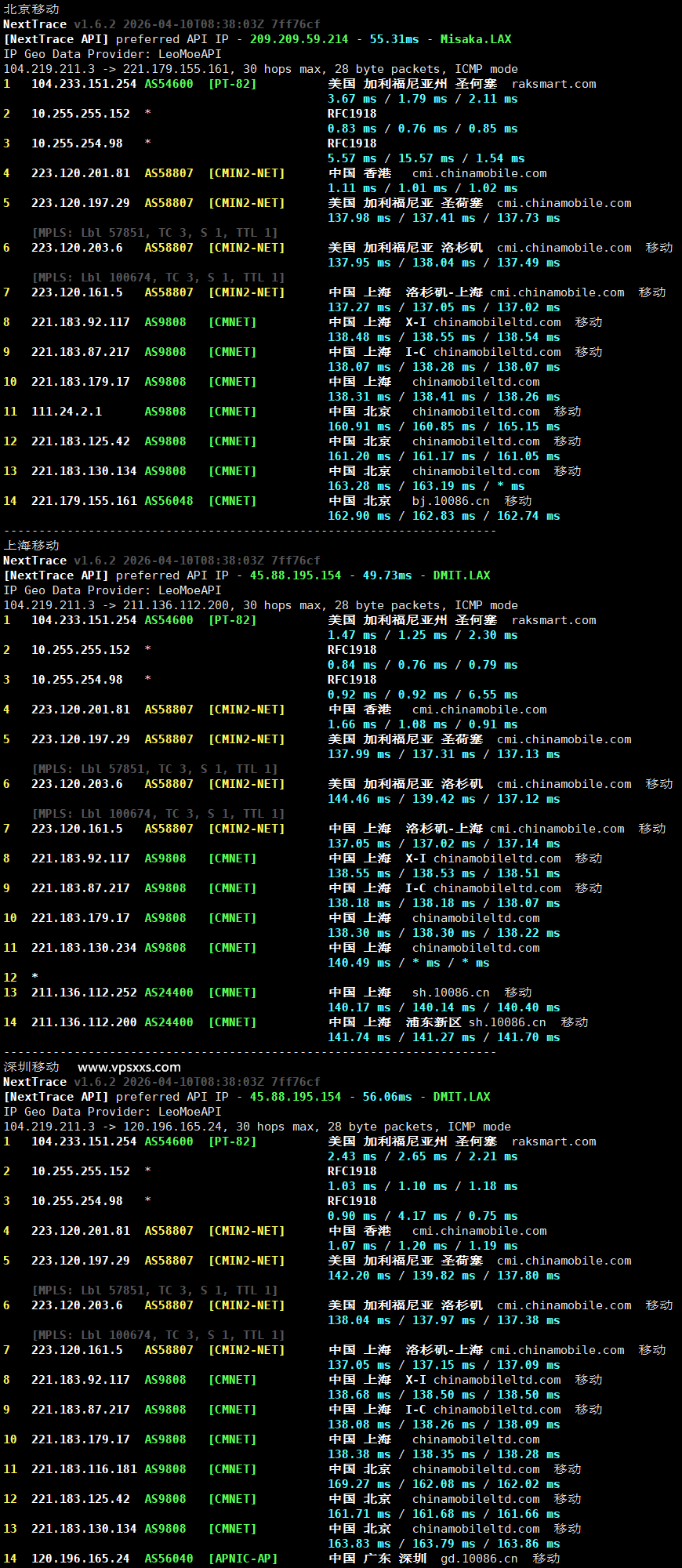 RAKsmart美国西雅图精品CN2 VPS移动回程路由