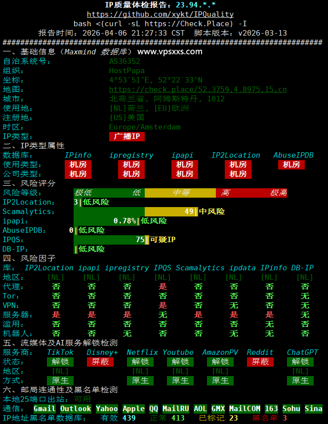 RackNerd荷兰VPS IP质量体检报告