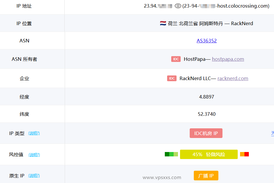 RackNerd荷兰VPS ping0.cc是否家庭IP检测