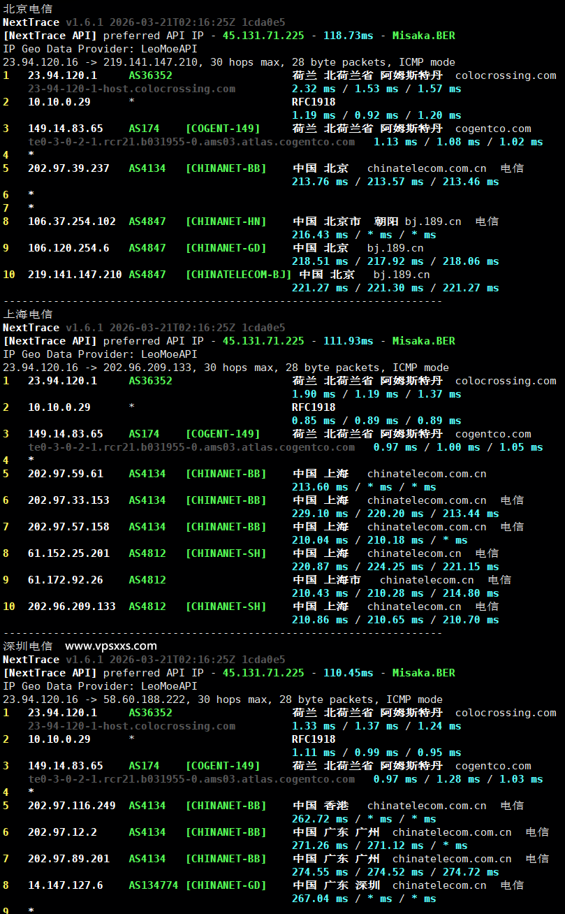 RackNerd荷兰VPS电信回程路由