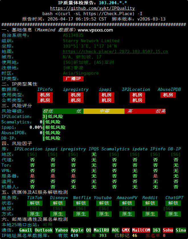 StarryDNS新加坡VPS IP质量体检报告