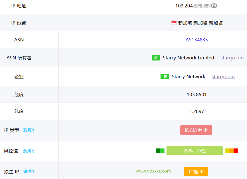 StarryDNS新加坡VPS ping0.cc是否家庭IP检测