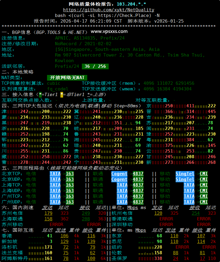 StarryDNS新加坡VPS网络质量体检报告