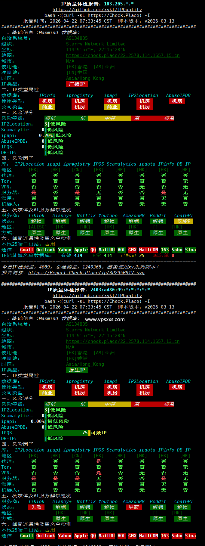 StarryDNS香港VPS IP质量体检报告