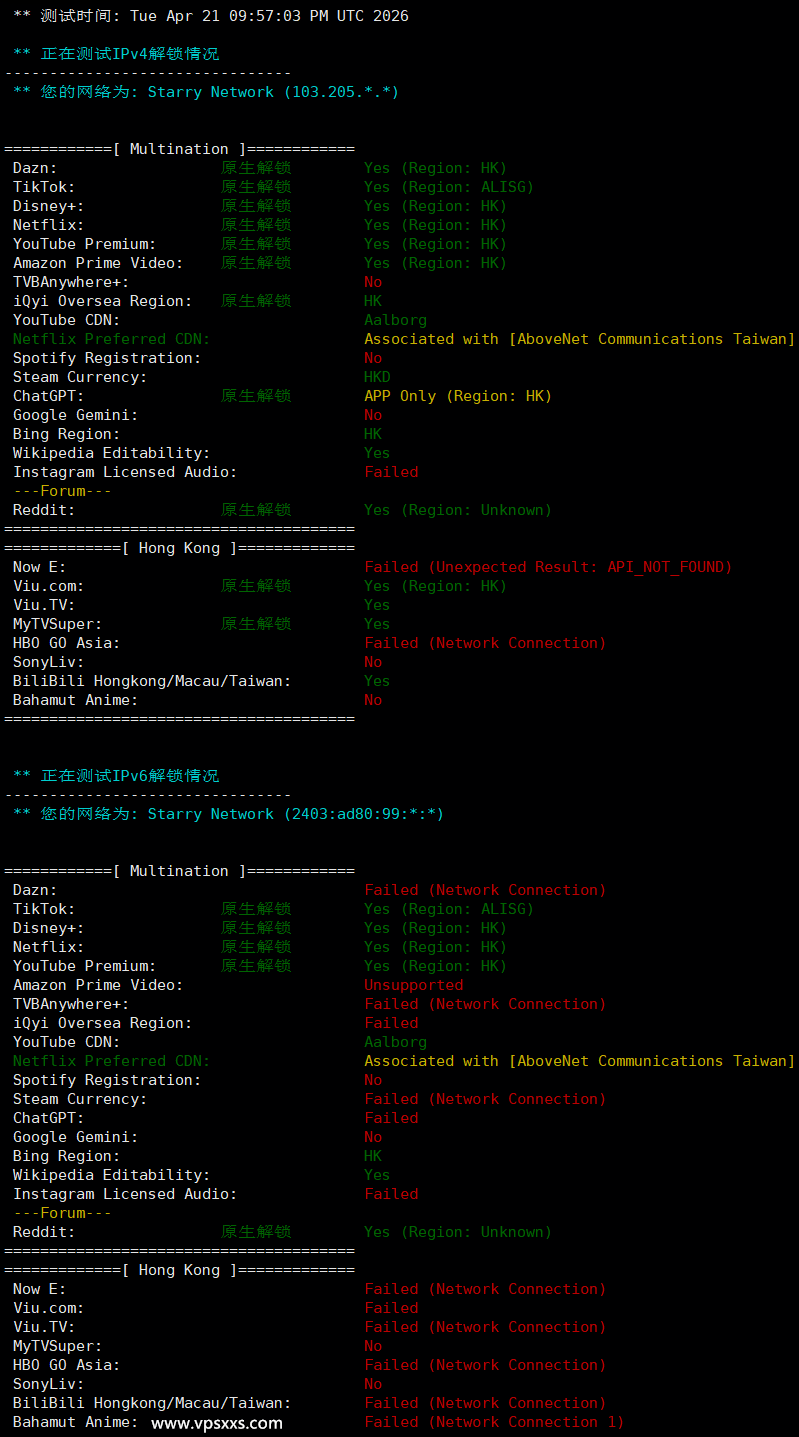 StarryDNS香港VPS流媒体解锁能力测试