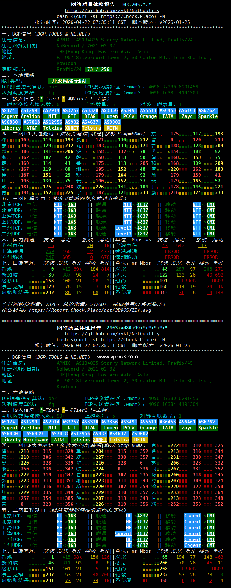 StarryDNS香港VPS网络质量体检报告