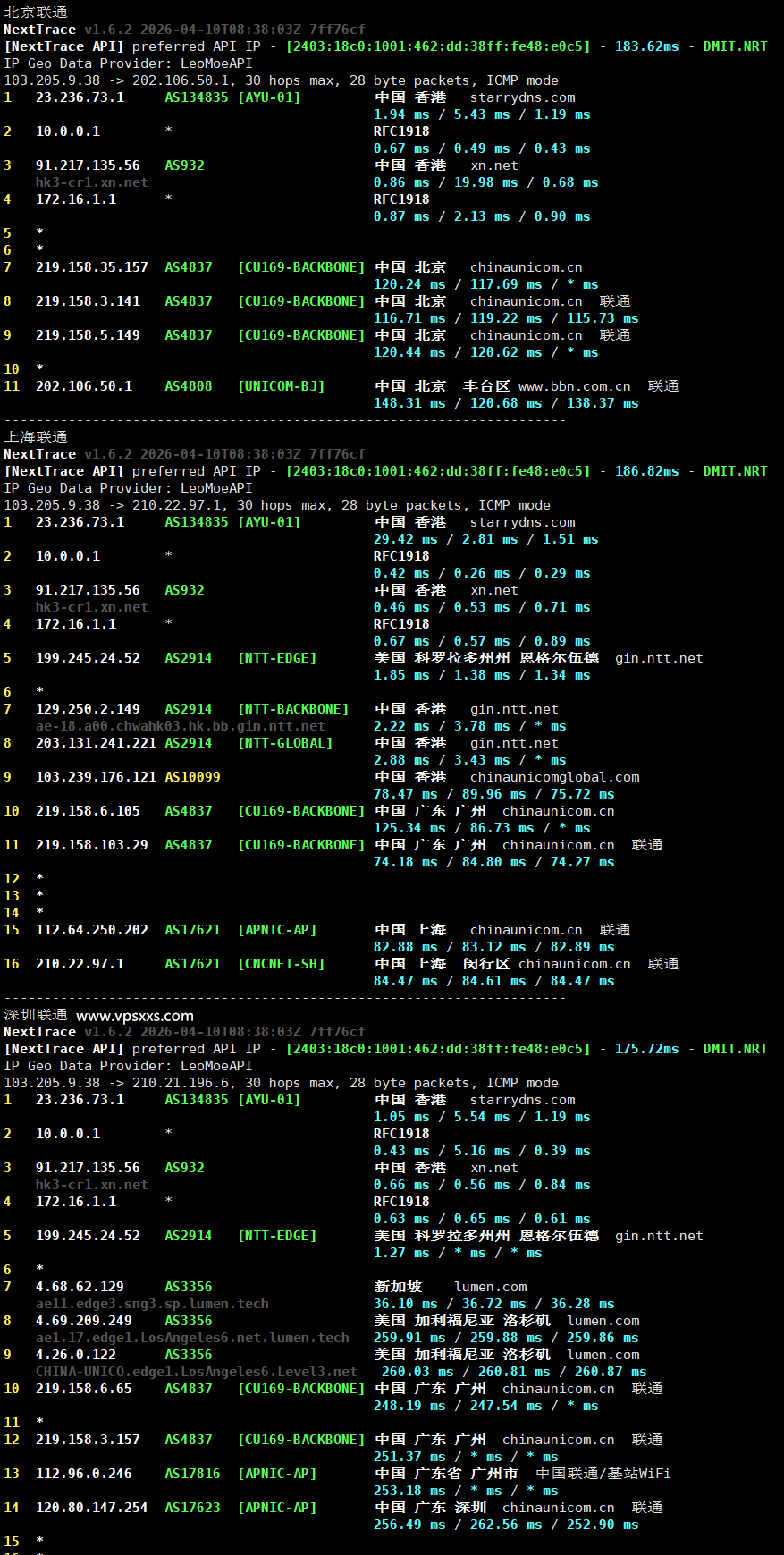 StarryDNS香港VPS联通回程路由