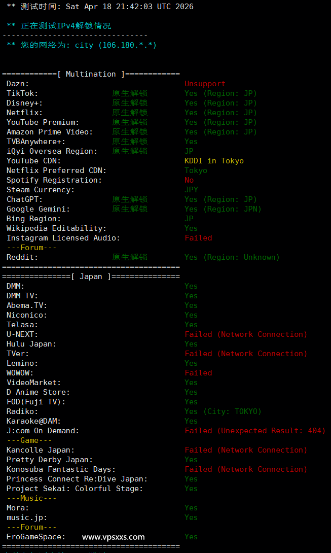 Tokyonline日本KDDI VPS流媒体解锁能力测试