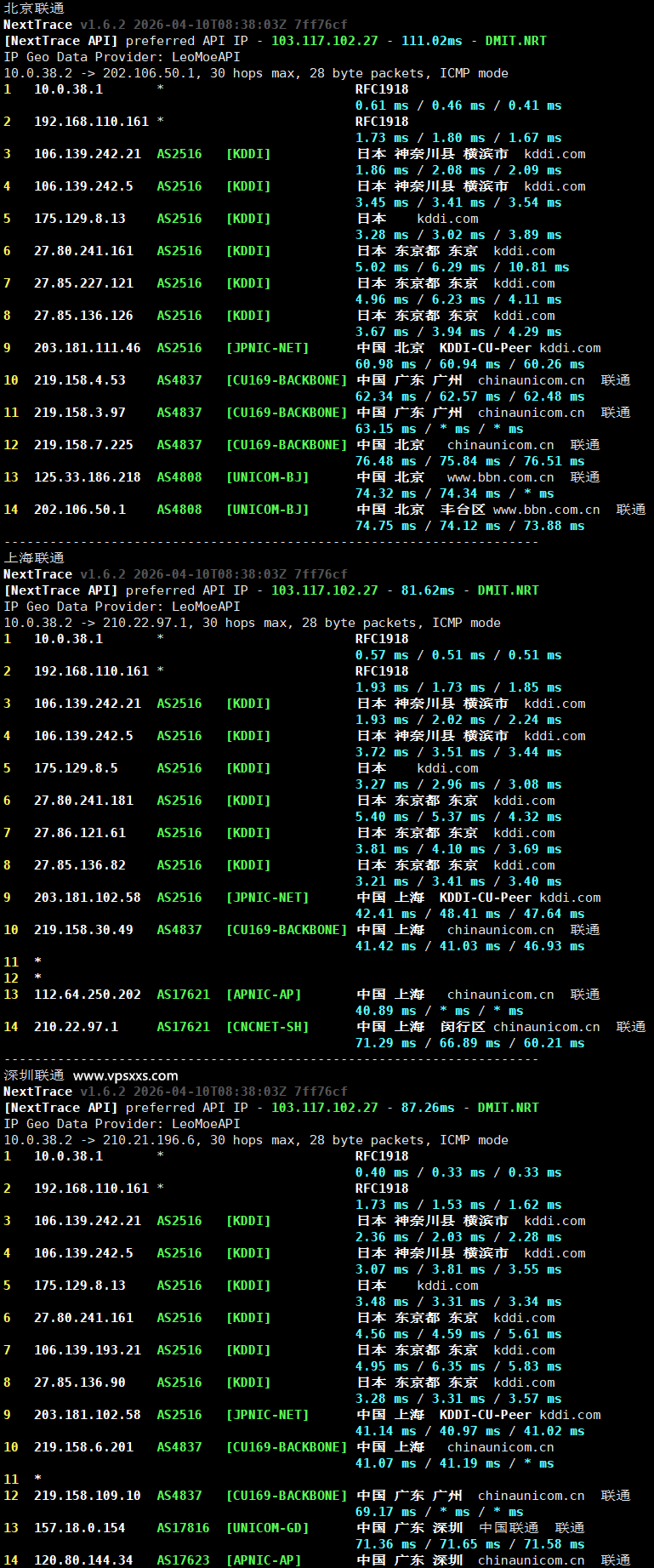 Tokyonline日本KDDI VPS联通回程路由