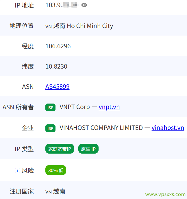 VinaHost越南VPS pingip.cn是否住宅IP检测