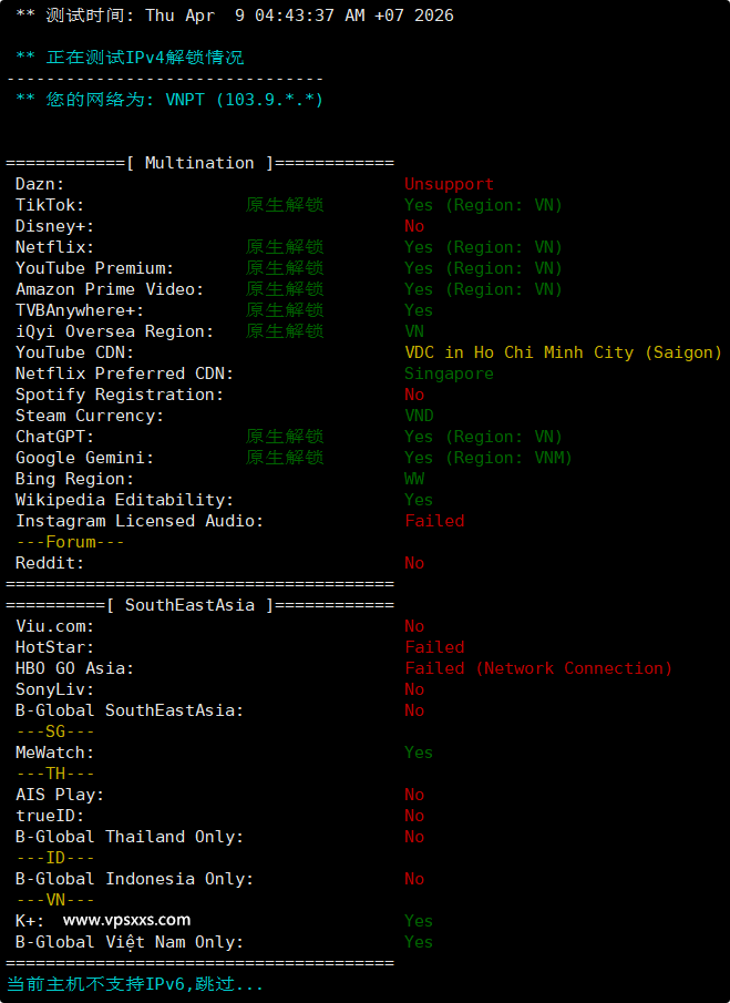 VinaHost越南VPS流媒体解锁能力测试