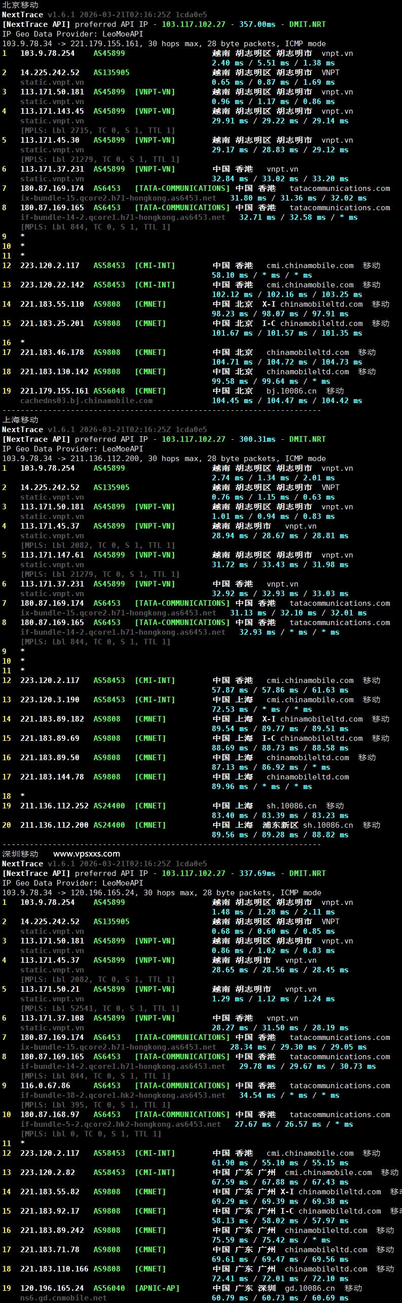 VinaHost越南VPS移动回程路由