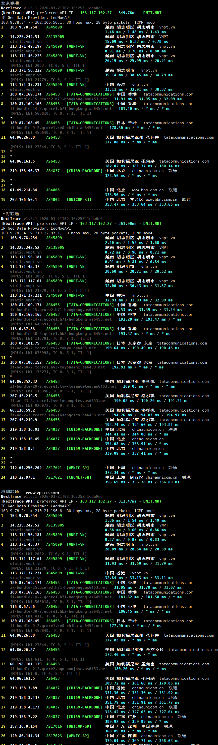 VinaHost越南VPS联通回程路由