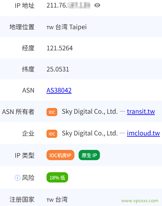WePC台湾TikTok直播专用VPS pingip.cn是否住宅IP检测