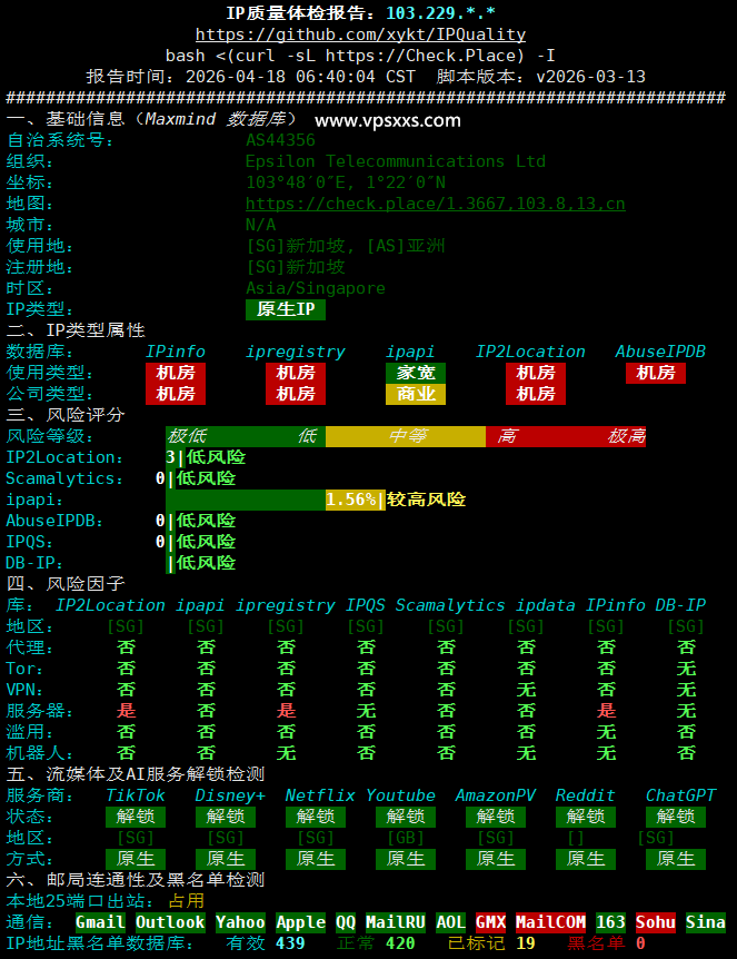 WePC新加坡家宽TK直播VPS IP质量体检报告