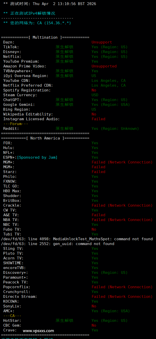 ZgoCloud美国三网精品VPS流媒体解锁能力测试