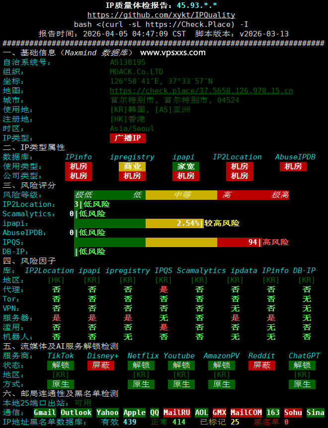 vmiss韩国首尔三网优化VPS IP质量体检报告