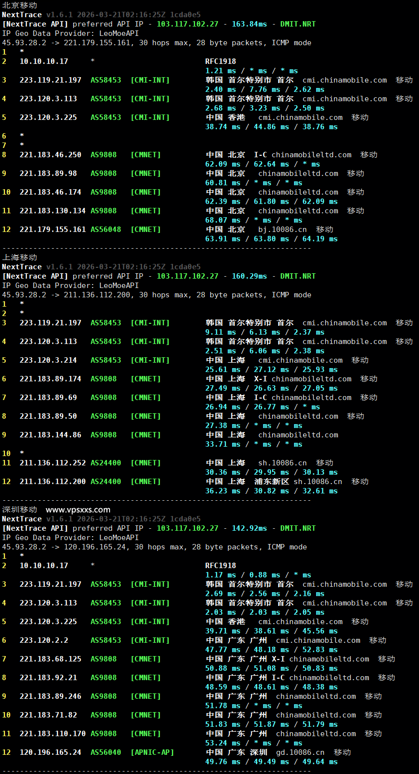 vmiss韩国首尔三网优化VPS移动回程路由