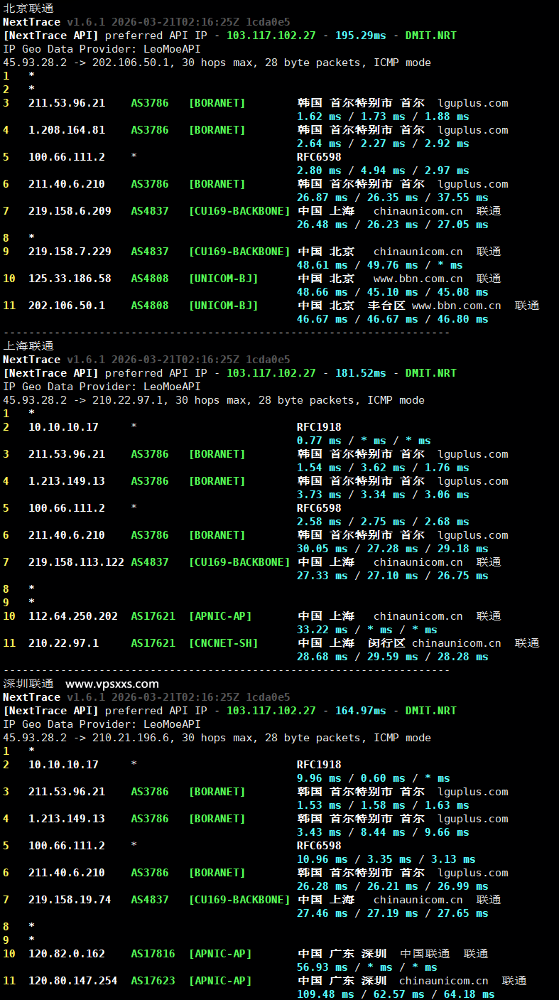 vmiss韩国首尔三网优化VPS联通回程路由