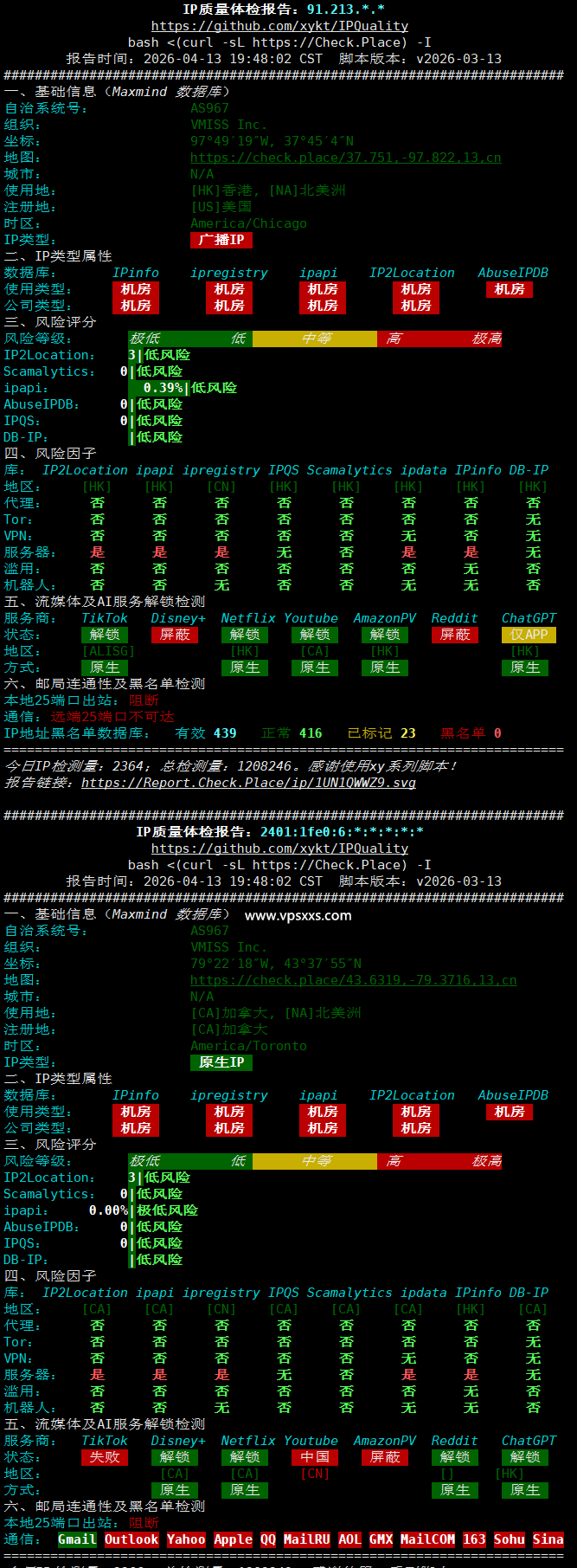 vmiss香港国际线路VPS IP质量体检报告