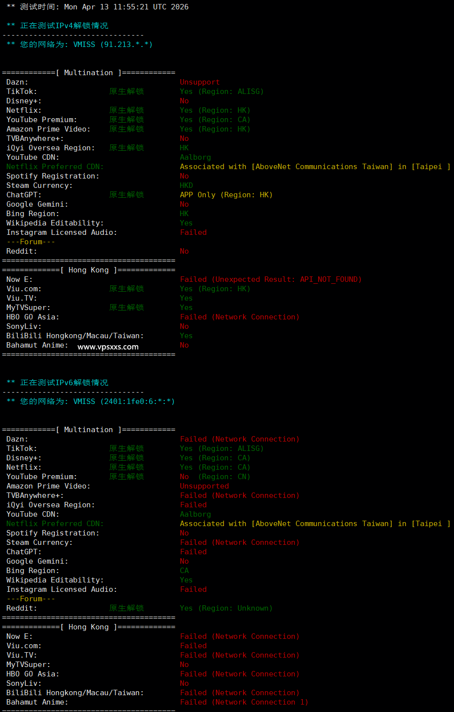 vmiss香港国际线路VPS流媒体解锁能力测试