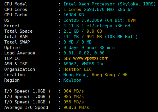 vmiss香港国际线路VPS硬件测试