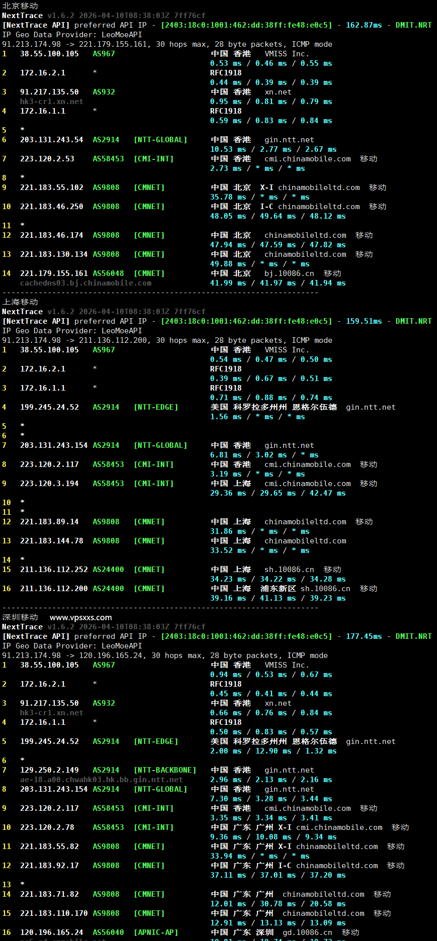 vmiss香港国际线路VPS移动回程路由