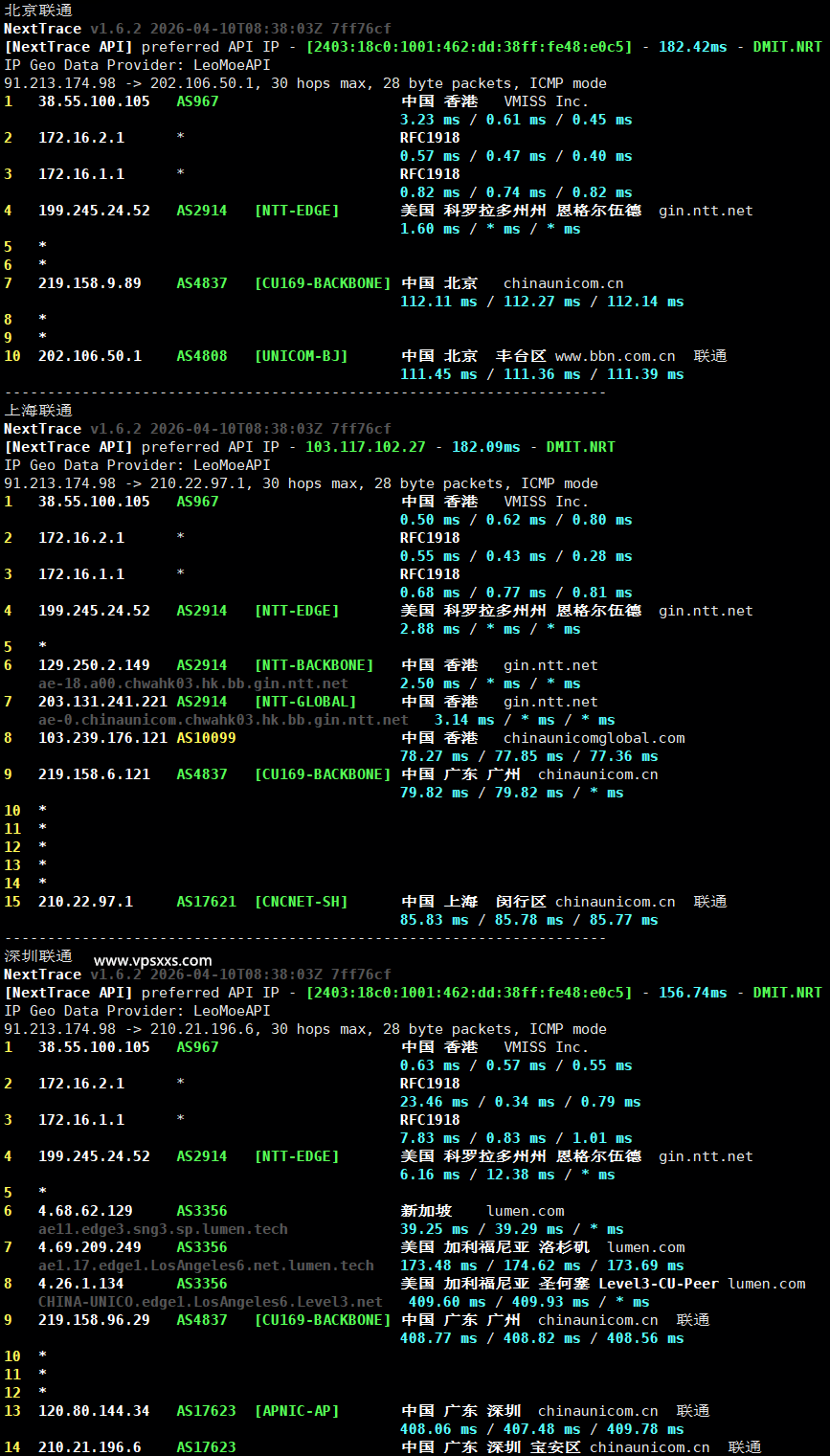 vmiss香港国际线路VPS联通回程路由
